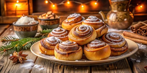 Fototapeta premium A plate of freshly baked cinnamon rolls dusted with powdered sugar, illuminated by soft warm lights, creating a cozy and inviting atmosphere.