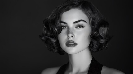 Vintage-inspired hair model with soft, structured waves, captured in black and white, high contrast highlighting the smooth texture of the curls, minimalist studio backdrop, dramatic lighting,