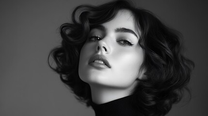 Fototapeta premium Vintage-inspired hair model with soft, structured waves, captured in black and white, high contrast highlighting the smooth texture of the curls, minimalist studio backdrop, dramatic lighting,