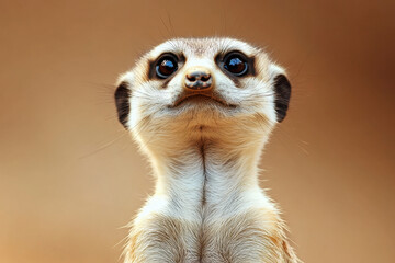 Fototapeta premium Close-up of a meerkat with wide eyes and a curious expression against a blurred brown background.