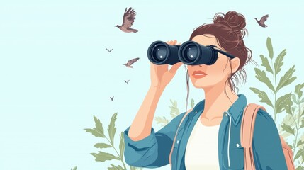 A woman uses binoculars to observe birds in a serene outdoor setting, showcasing a passion for nature and exploration.