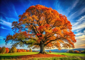 Naklejka premium In autumn's embrace, a grand oak tree displays stunning foliage, surrounded by a vivid landscape adorned in vibrant hues under a serene, clear blue sky.