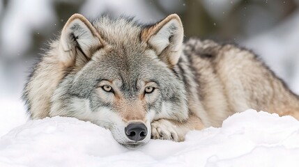 Fototapeta premium Majestic Canadian Wolf Lying Isolated on a White Snowy Background, Capturing the Essence of Wilderness and Natural Beauty in a Serene Winter Landscape