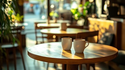 Two Coffee Cups on a Wooden Table in a Cafe
