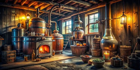 In a shadowy barn, a rustic moonshine still glimmers softly, encircled by vintage bottles and aged wooden barrels, creating an atmosphere steeped in history.