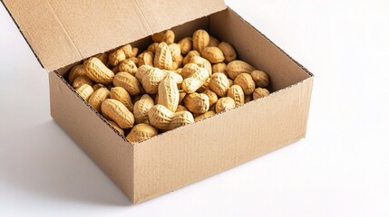 Cardboard Box Filled with Styrofoam Peanuts Isolated on a White Background, Ideal for Packaging or Shipping Applications, Perfect for Stock Photo Usage