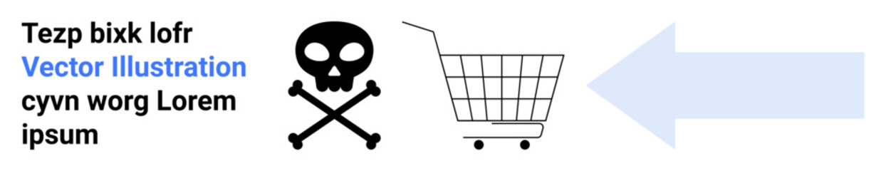 A shopping cart is shown next to a skull with crossbones symbol, suggesting a cautionary theme related to shopping. Ideal for safety, consumer awareness, hazard alerts, e-commerce risks and warning