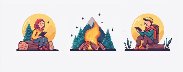 Illustration of camping scenes with people relaxing by a fire and enjoying nature, capturing the spirit of outdoor adventure.
