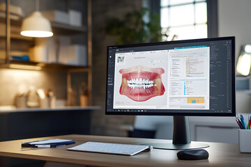 A dental monitor displaying an oral scan in a modern workspace.
