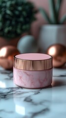 Elegant Moisturizer Container on Luxurious Rose Gold and Marble Background with Delicate Greenery and Decorative Elements in an Inviting Setting