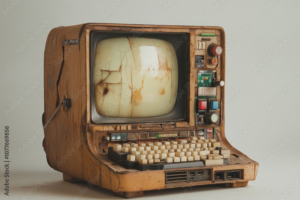 Poster a vintage, wooden-cased computer with a crt monitor, a keyboard, and a control panel with buttons an