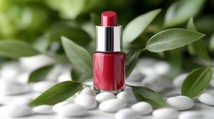 A Vibrant Red Nail Polish Bottle Surrounded by Green Leaves and White Pebbles, Perfect for Beauty and Fashion Photography