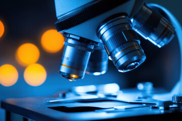 Close-up of a microscope with glowing orange bokeh lights in the background, capturing a scientific and focused atmosphere.