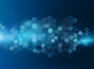 A blue abstract background with hexagonal shapes and glowing white light.
