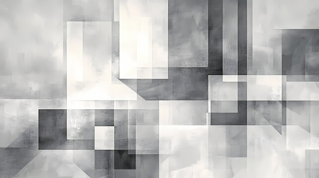 Abstract monochrome painting with overlapping squares and rectangles in shades of gray and white. Monochrome. Illustration
