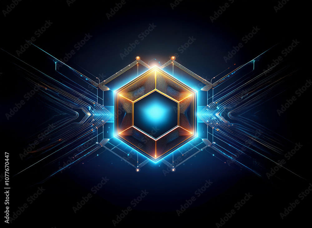 Poster a glowing, blue and gold hexagonal structure with sharp, intersecting lines, emitting light against 