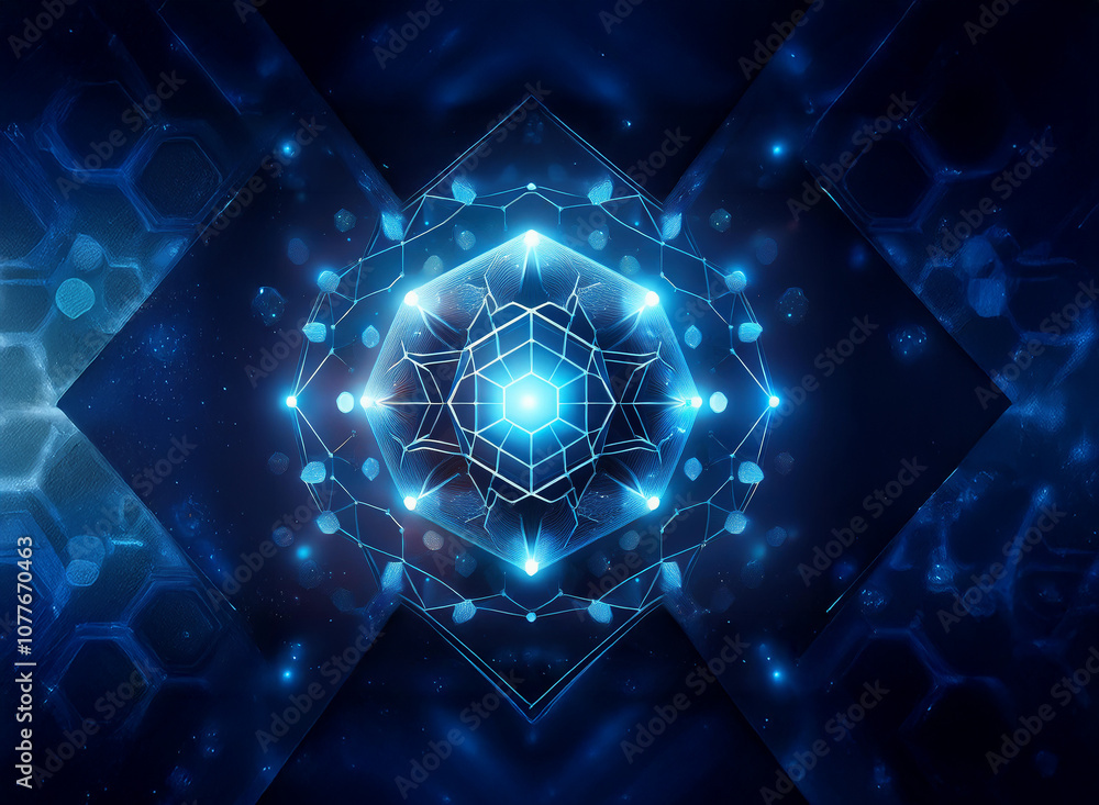Poster a glowing blue geometric pattern with a central hexagon and surrounding lines.