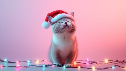 A festive cat wearing a Santa hat sits among colorful Christmas lights, exuding a cheerful holiday spirit.