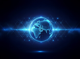 Fototapeta premium A stylized globe with a blue glow surrounded by geometric patterns on a dark blue background.