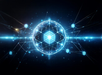 A glowing blue sphere with geometric patterns sits at the center of a dark background, connected to other smaller spheres by a network of lines.
