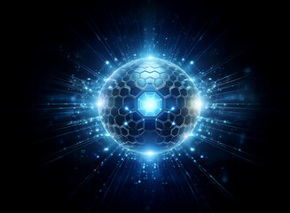 Obraz premium A glowing blue sphere with a hexagonal pattern, radiating light against a black background.