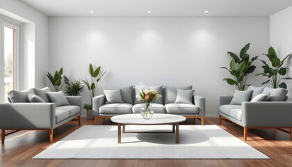 Fototapeta premium Interior of modern living room with grey sofas, flower vase on coffee table and houseplants isolated with white highlights, png