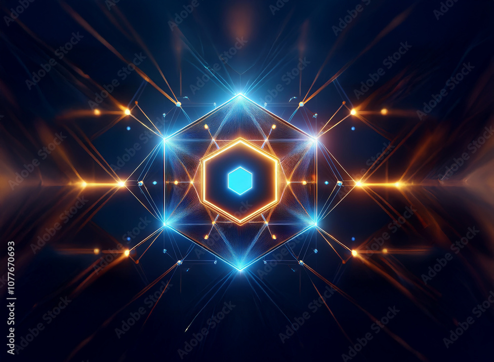 Poster an abstract geometric pattern made of glowing lines and points in blue and orange against a dark bac