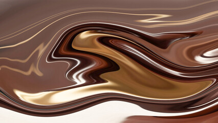 An abstract swirl of rich brown, beige, and gold tones, resembling melted chocolate or caramel with a glossy, smooth texture and fluid, wavy patterns.