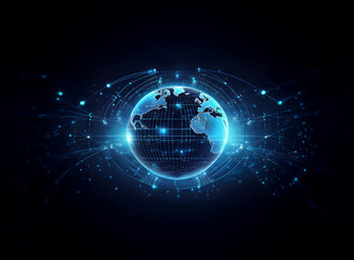 Obraz premium A glowing blue globe with digital data lines radiating outward against a black background.