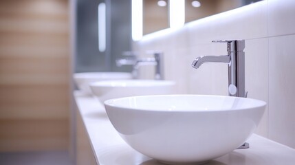 A modern bathroom sink with a sleek design features white bowls and stylish faucets, illuminated by soft lighting.