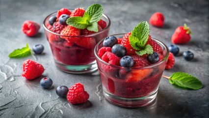 Two glass bowls of fresh berry sorbet, garnished with sprigs of mint, on a gray slate surface. The sorbet is a vibrant pink color and is studded with fresh blueberries and raspberries.