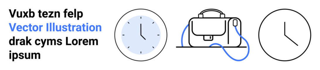 Two clocks, one blue and one black, with a briefcase featuring a light blue cord. Ideal for business, time management, productivity, corporate websites, professional presentations, educational