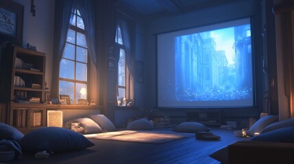 Cozy Room with Projector and Soft Blue Lighting