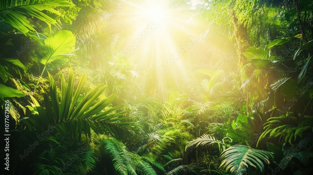 Poster sunlight filters through dense foliage, casting a warm glow over vibrant plants and creating a seren