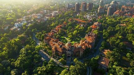 Aerial view of a suburban neighborhood with lush greenery and a central park.