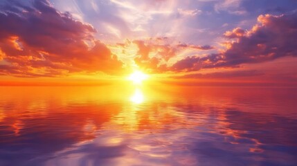 Obraz premium Sunset over calm ocean with vibrant clouds