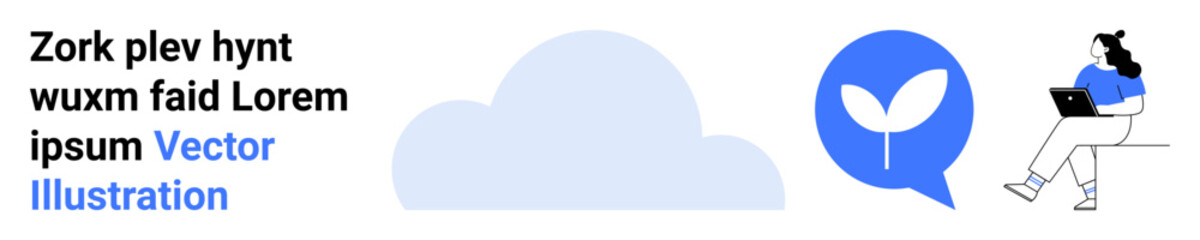 Cloud, leaf icon in circle, person sitting with laptop. Ideal for web development, digital learning, environment, technology, minimalism, communication, design. Landing page