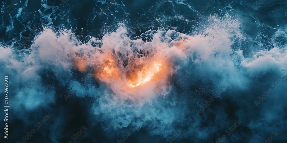 Poster aerial view of a wave breaking and creating a whirlwind of foam