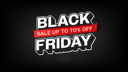 Obraz premium Black Friday Sale Banner, Black typography 3D text and red 70% sale ribbon tag placard poster premium and minimal vector design for your shop or online store website for discount price advertisement 