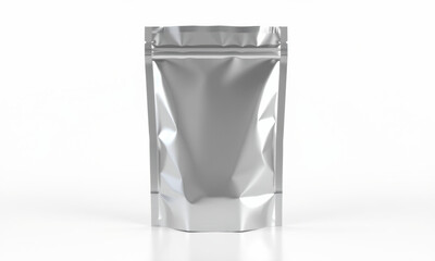 shiny silver foil stand up pouch with sleek design, perfect for packaging various products. Ideal for food, snacks, or other items