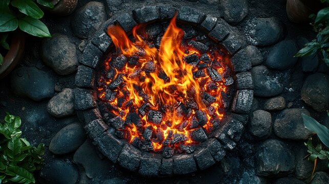Top view of a burning fire pit in the garden.