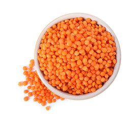 Raw lentils in bowl isolated on white, top view