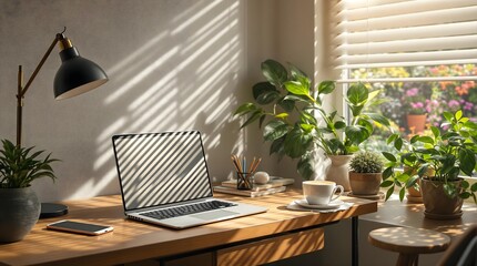 Fototapeta premium Cozy Home Office with Wooden Desk, Laptop, and Garden View