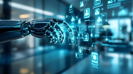 Humanoid Robot Hand Interacting with Futuristic Holographic Screen in High-Tech Office