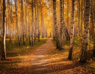 Fototapeta premium Autumn Path in Birch Forest