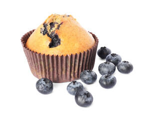 Delicious sweet muffins with blueberries isolated on white