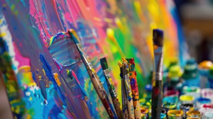 A canvas covered in vibrant colors and bold strokes proudly displayed by an artist who took part in a sober paint and sip class.