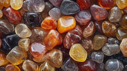 Close-up of a variety of smooth, colorful stones.