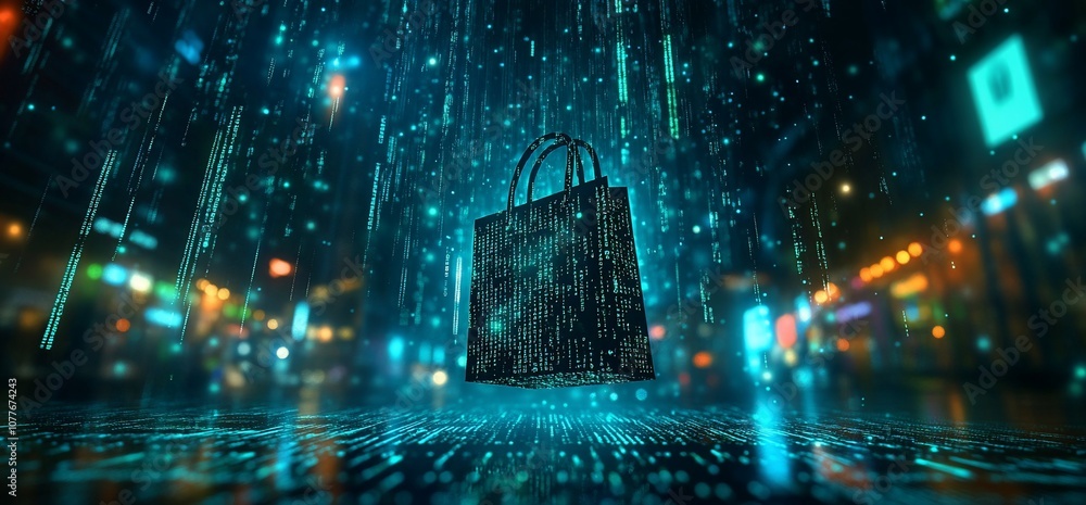 Poster a shopping bag padlock is on a digital surface, with a city background with lights and rain-like dig