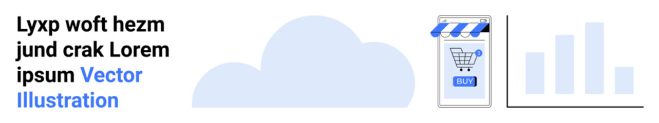 Cloud, mobile store with shopping cart, blue bar chart. Ideal for data analytics, e-commerce, online shopping, mobile app development, cloud storage, digital marketing, tech innovations. Landing page